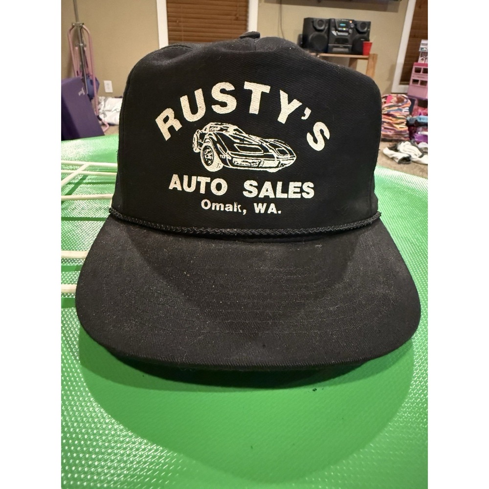 Vintage 90s Rusty's Auto Sales‎ Omak WA Snapback Hat Rope Front Black Cap